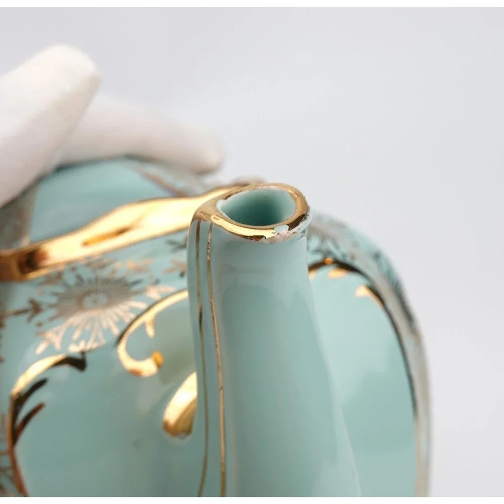 Rare SADLER Cube Teapot GREEN Gold Gilt Filigree Made in England #2085